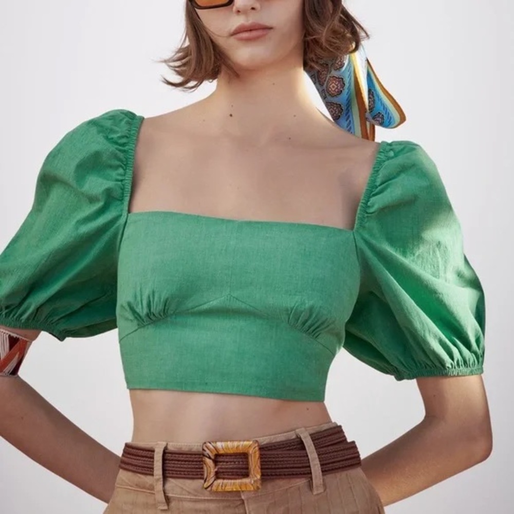 Zara green puff sleeve crop top